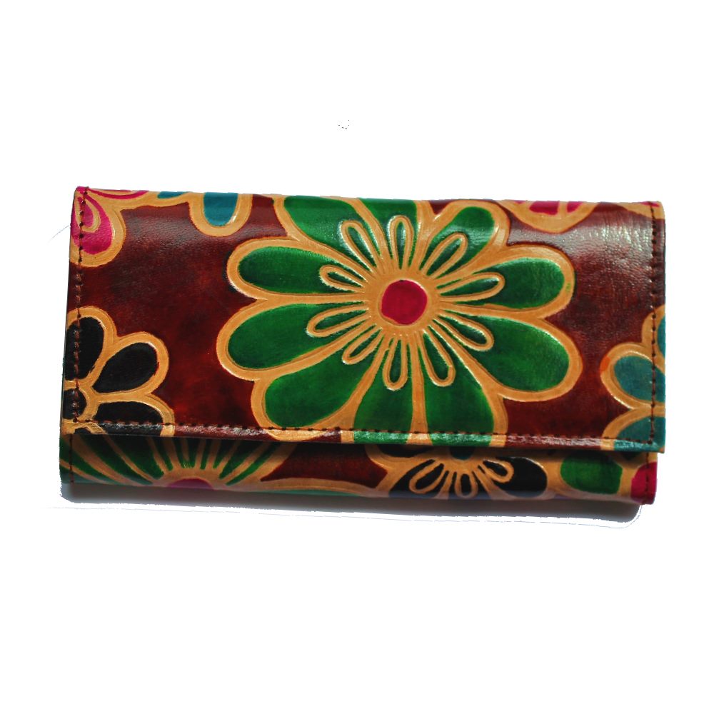 fair trade leather flower purse in wine red 