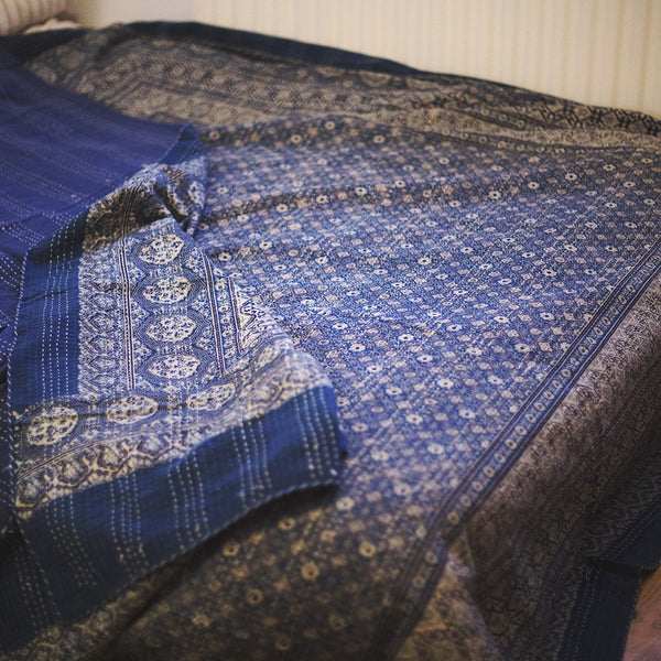 ajrakh gudri kantha double cotton throw blue cream diamond