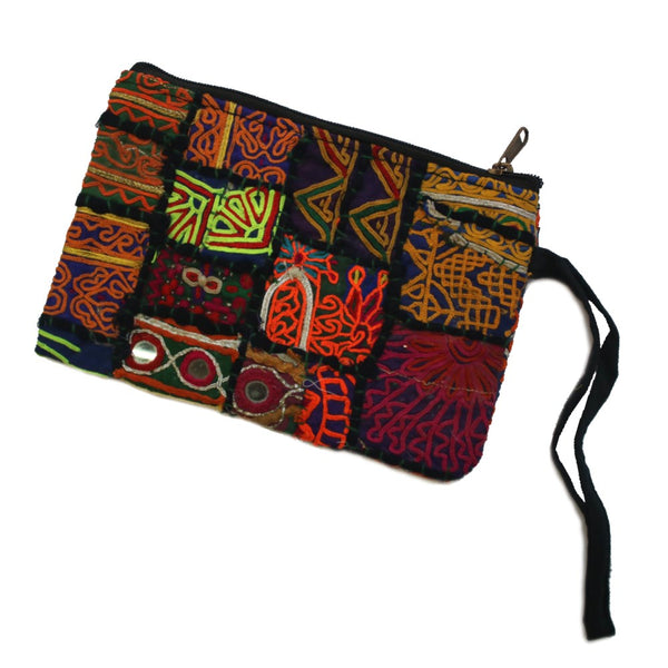 vintage Indian fabric zip clutch with strap