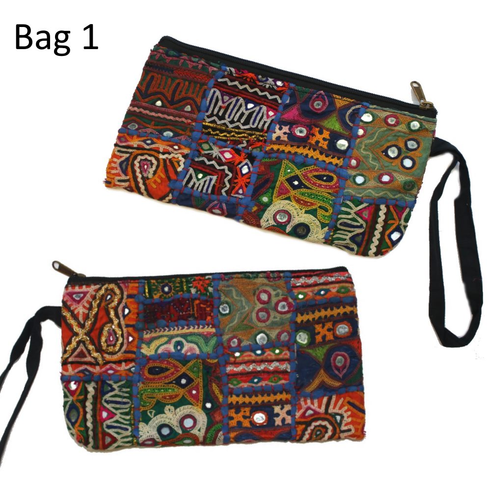 long vintage Indian fabric zip clutch with wrist strap From The Source