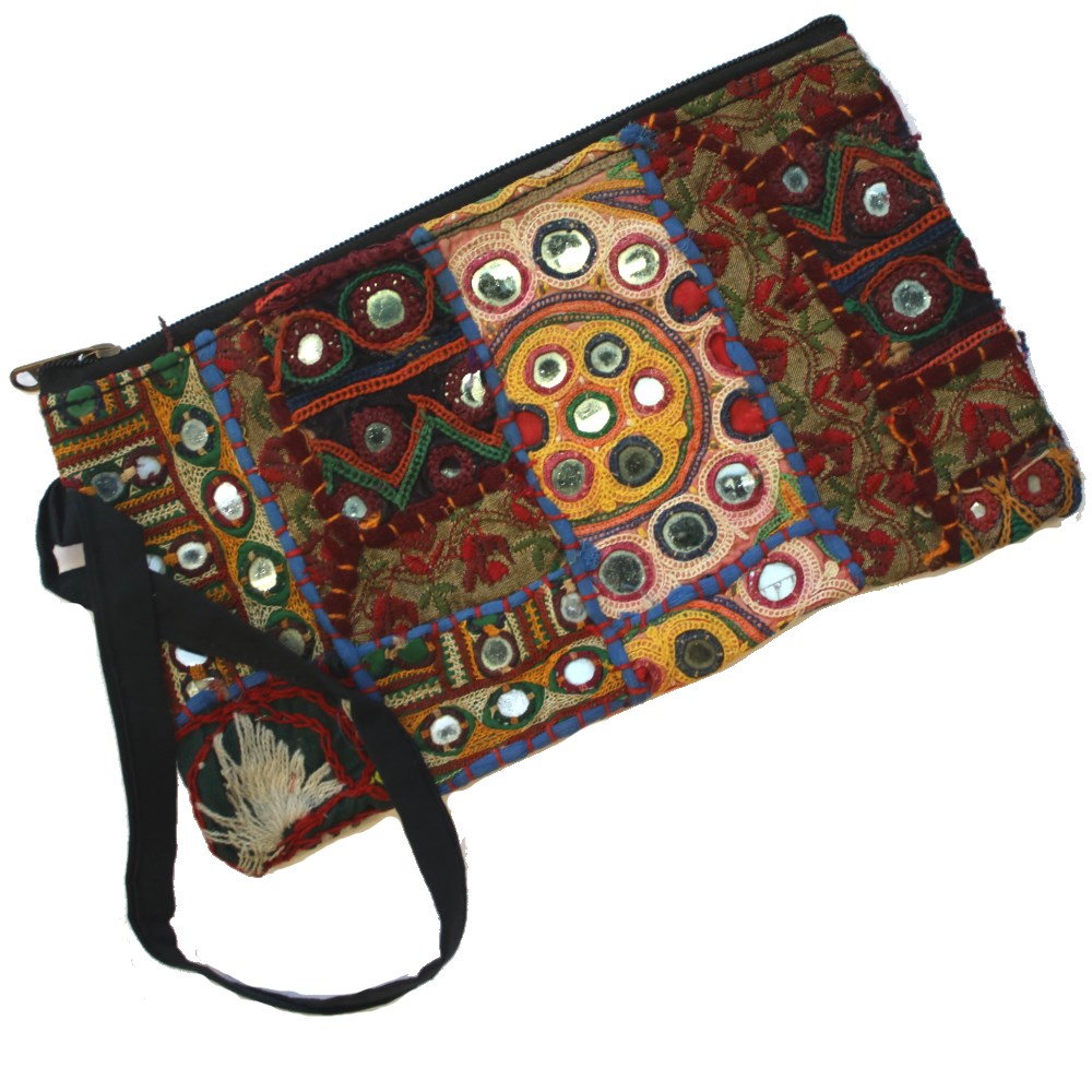 long vintage indian fabric zip clutch bag with wrist strap