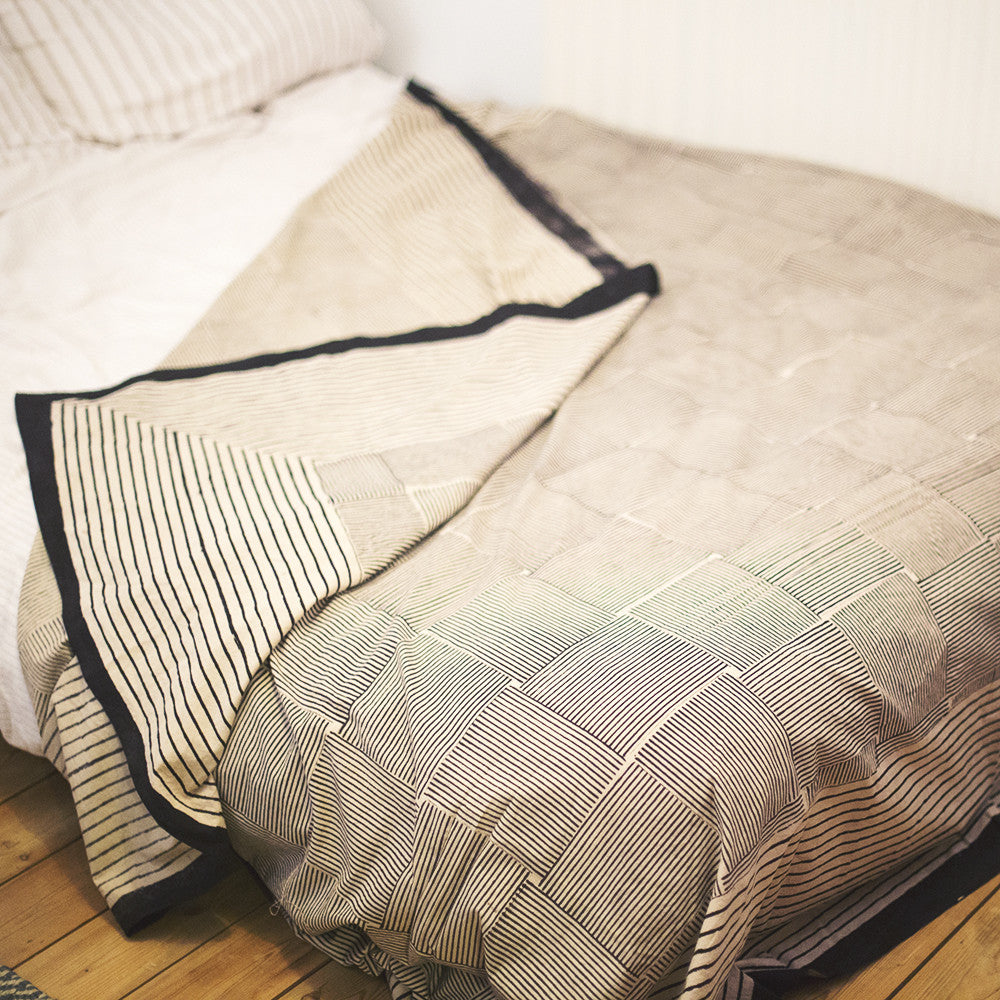 cream black striped squares block printed cotton throw double