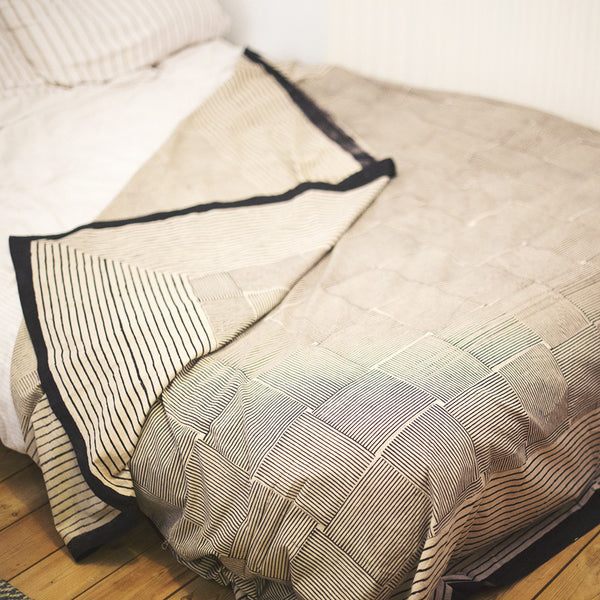 cream black striped squares block printed cotton throw double