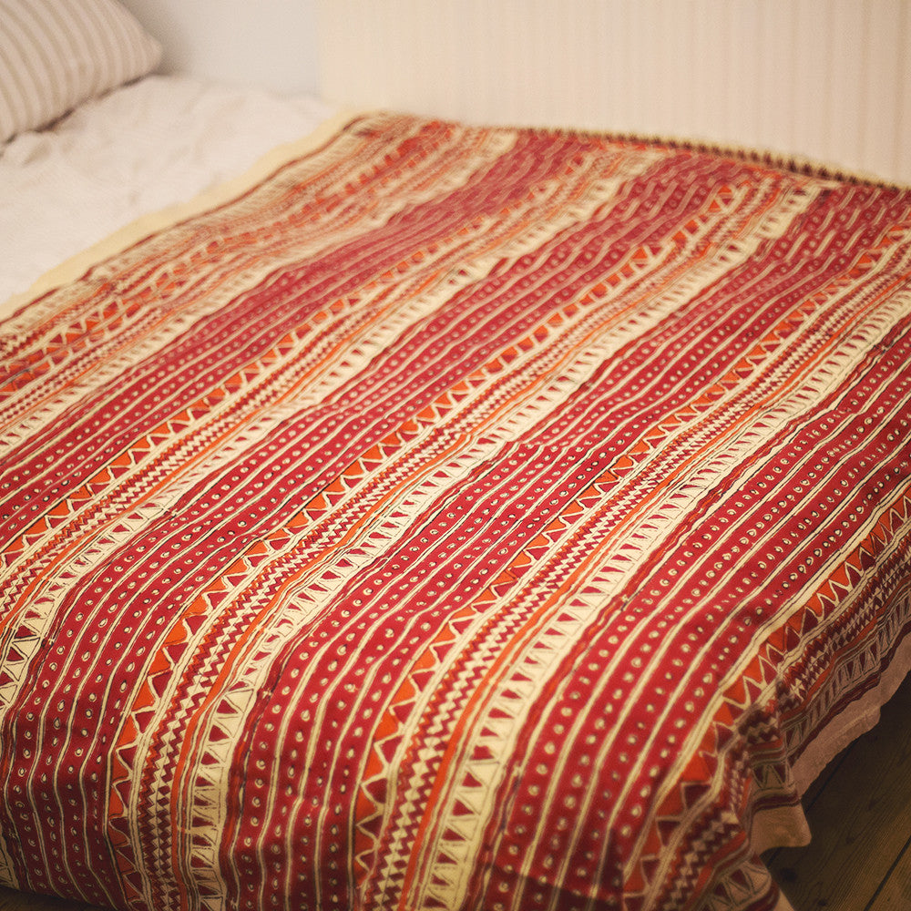 cotton indian single block print throw orange zig zag