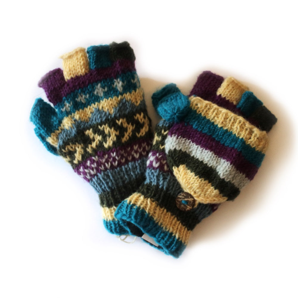 Winter Stripe Fingerless Gloves With Mitten Flap | Fairly Traded Blue