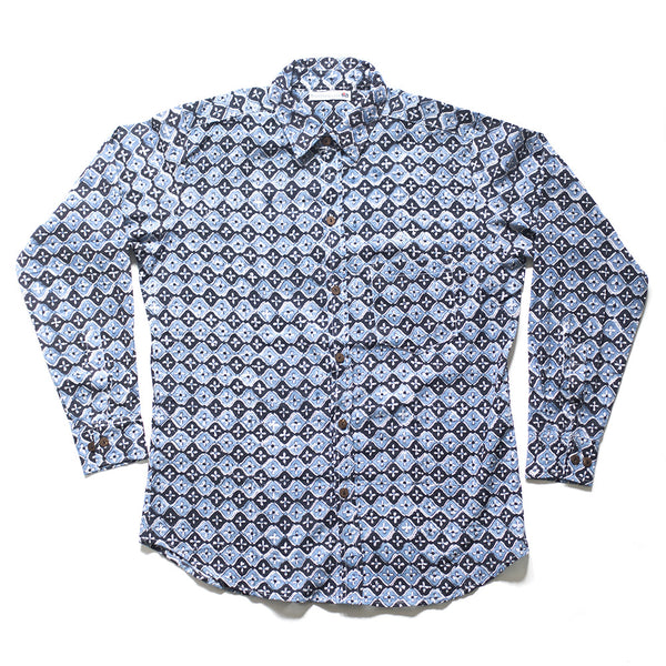 blue and black hand-printed men's shirt