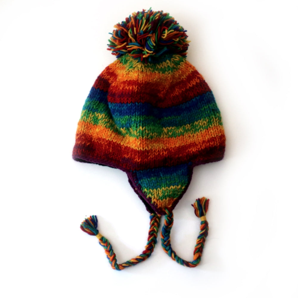 mix-knit ear flap bobble hat