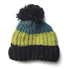chunky knitted wool bobble hat for men and women in blues and greens