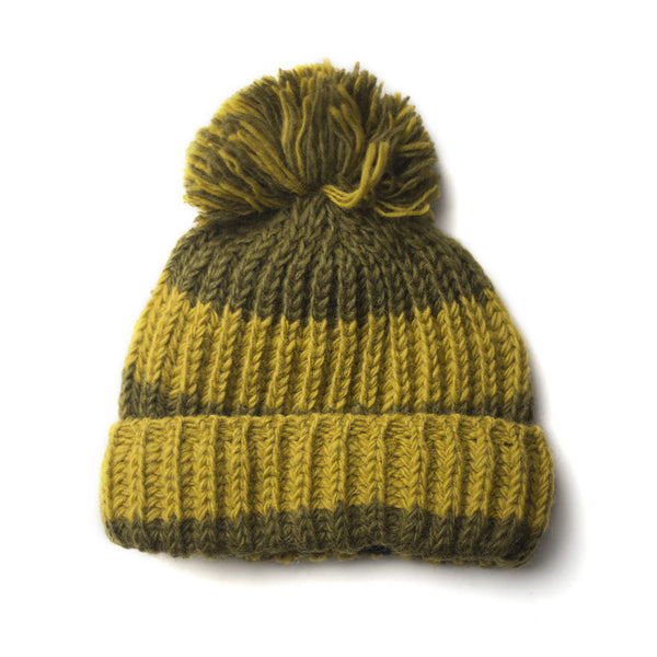chunky olive green mustard yellow wool bobble hat