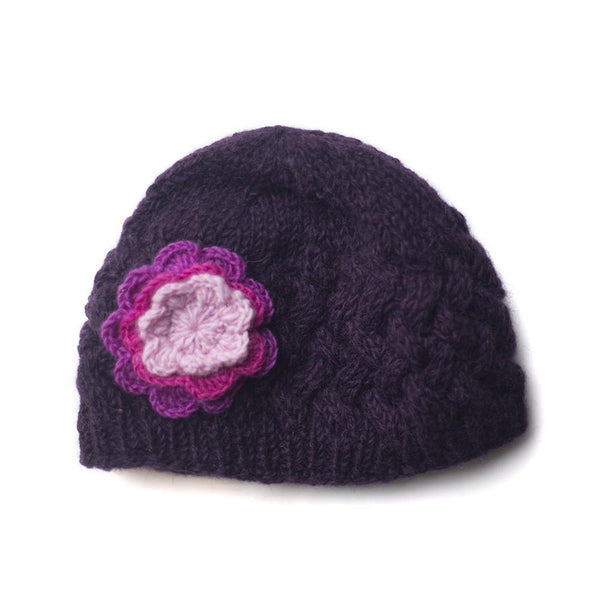 cable knit wool beanie with flower in plum colour