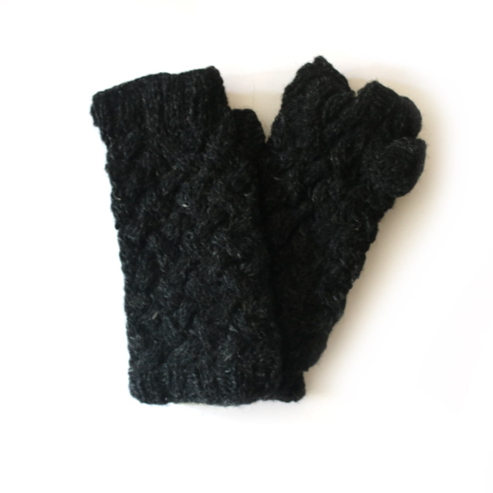 chunky criss cross cable knit wrist warmers in charcoal black