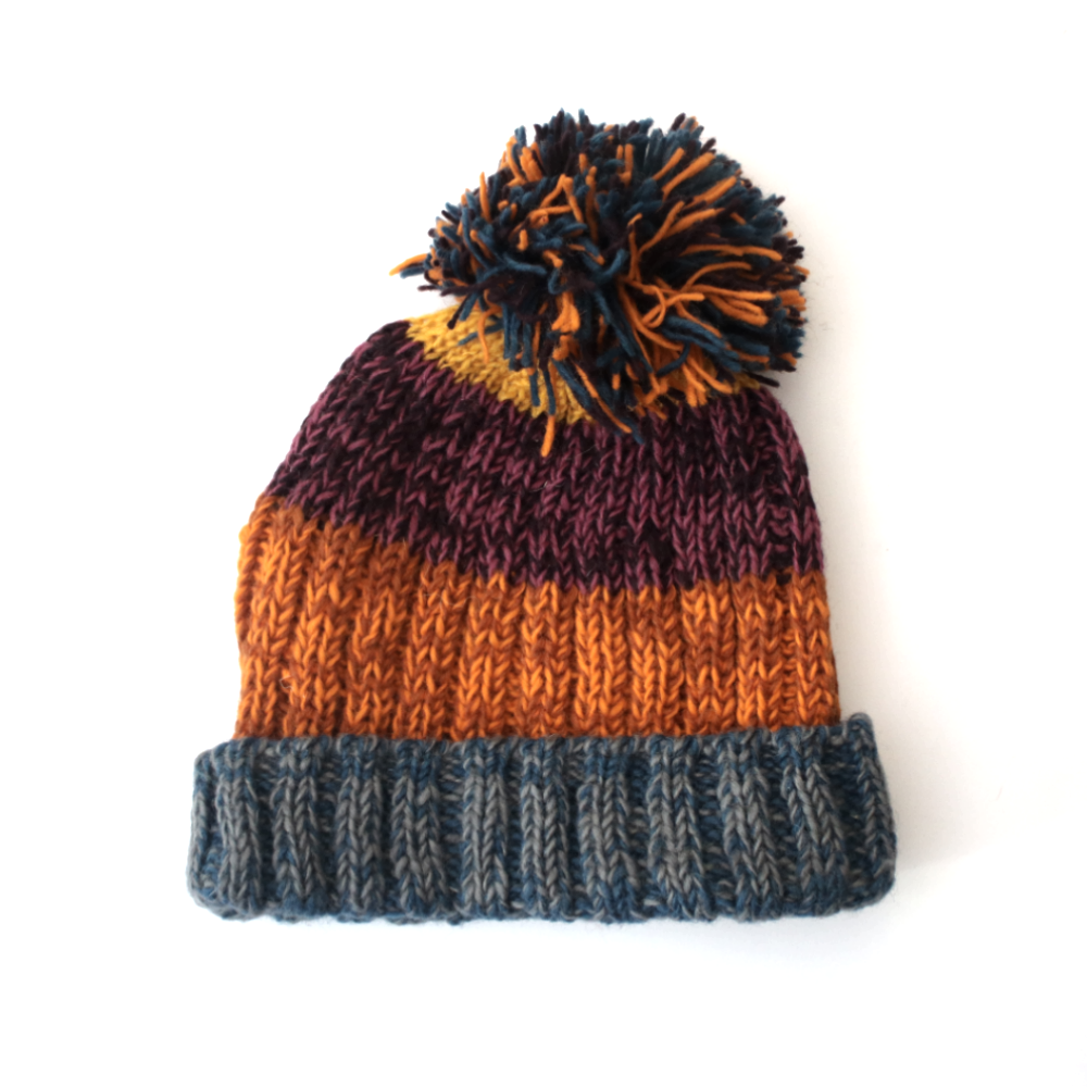 Chunky Striped Wool Bobble Hat Knitted Fair Trade in Nepal