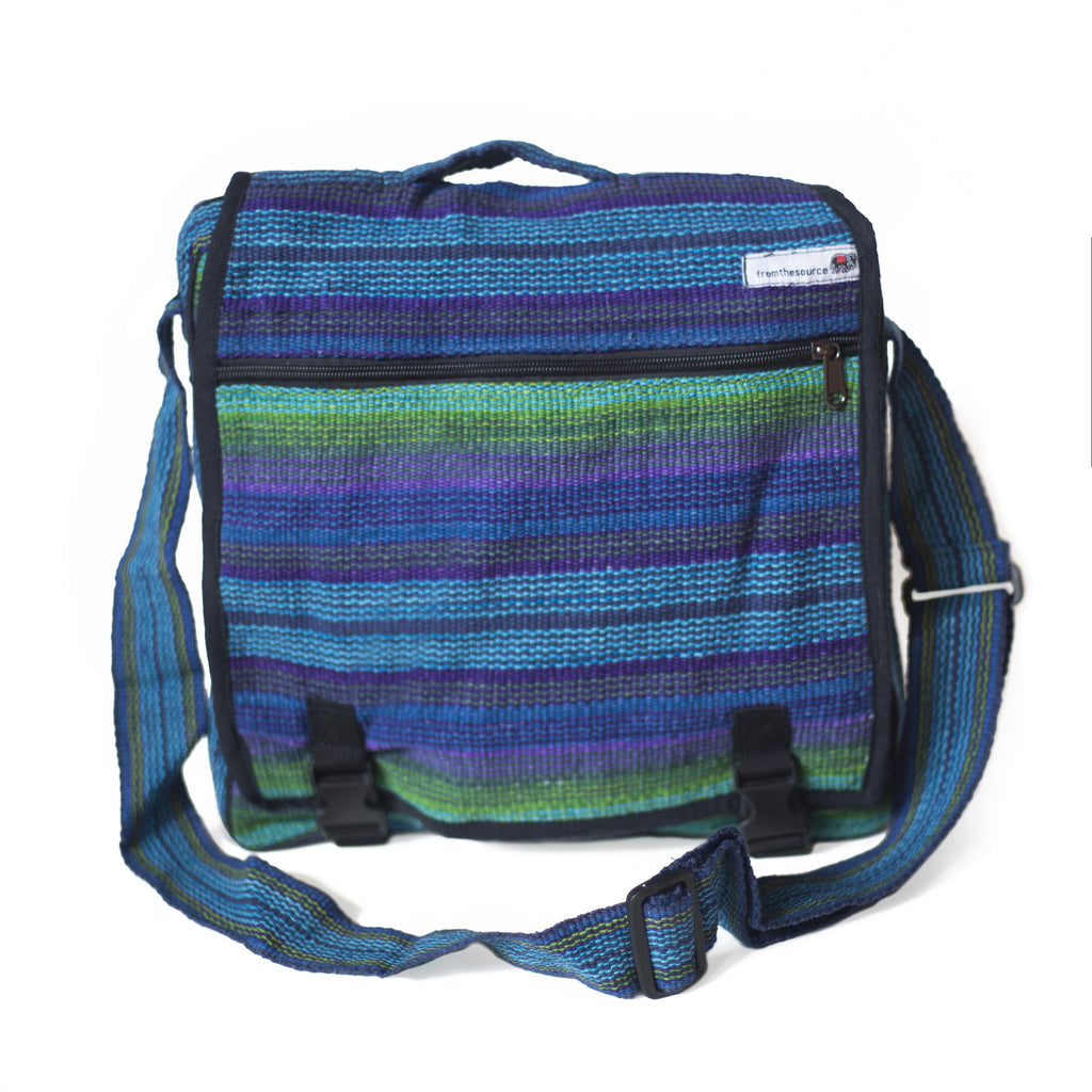 fair trade green purple colourful striped gehri cotton large expanding satchel bag from Nepal