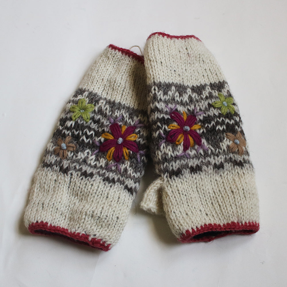 cream embroidered wool wrist warmers