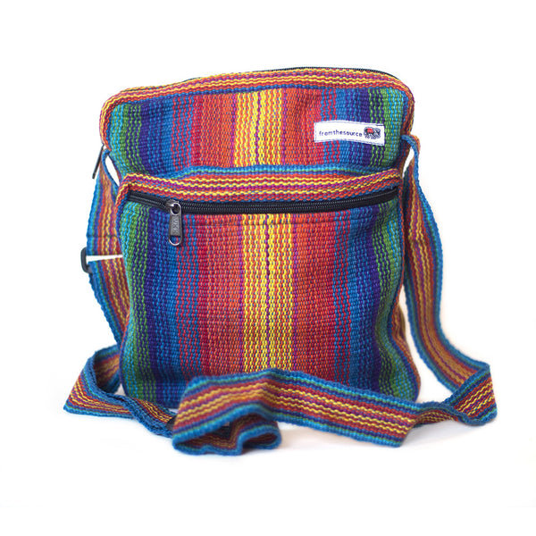 fair trade rainbow colourful striped gehri cotton cross body shoulder bag from Nepal