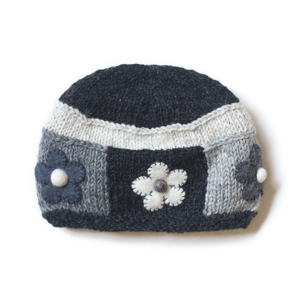 black grey monochrome wool beanie hat with felt flowers