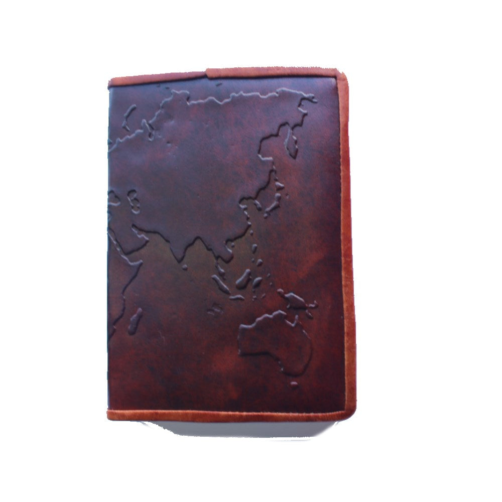 world map embossed leather journal from india