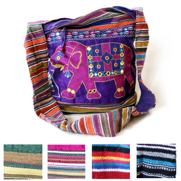multiple colours of the embroidered elephant shoulder bag