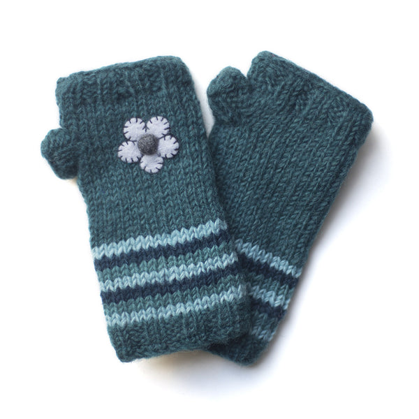 teal wool hand warmers with felt flowers