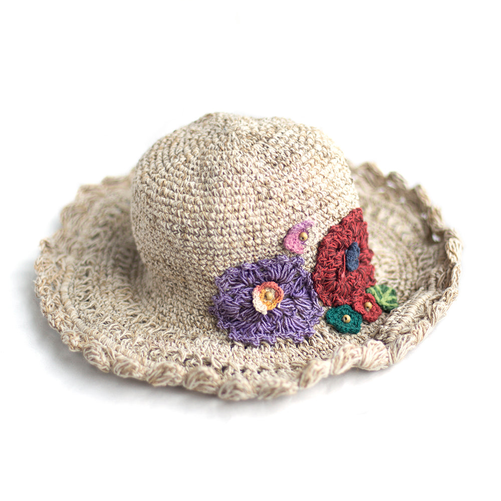 natural fair trade hemp sun hat with flowers