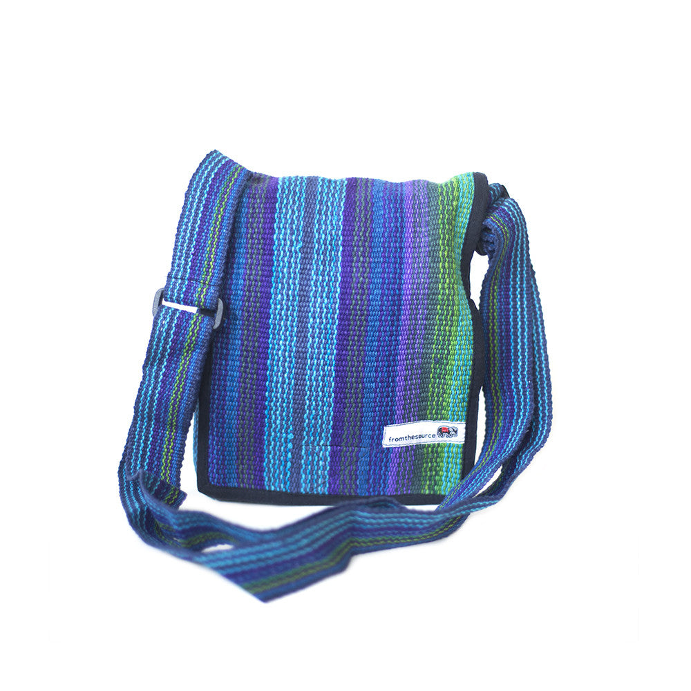 fair trade green purple colourful striped gehri cotton four pocket shoulder bag from Nepal