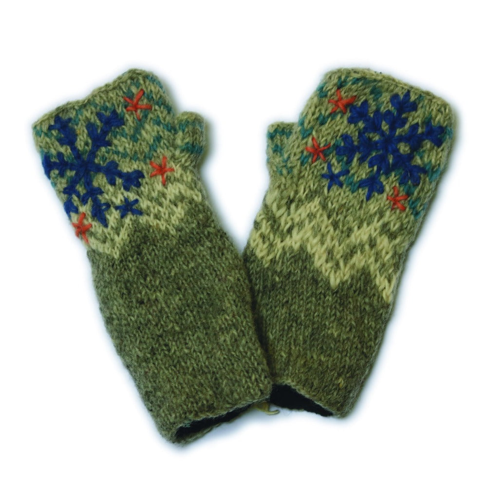 grey embroidered hand knitted wool wrist warmers