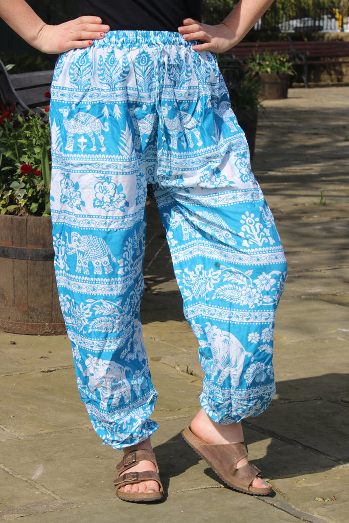 coloured elephant print harem trousers