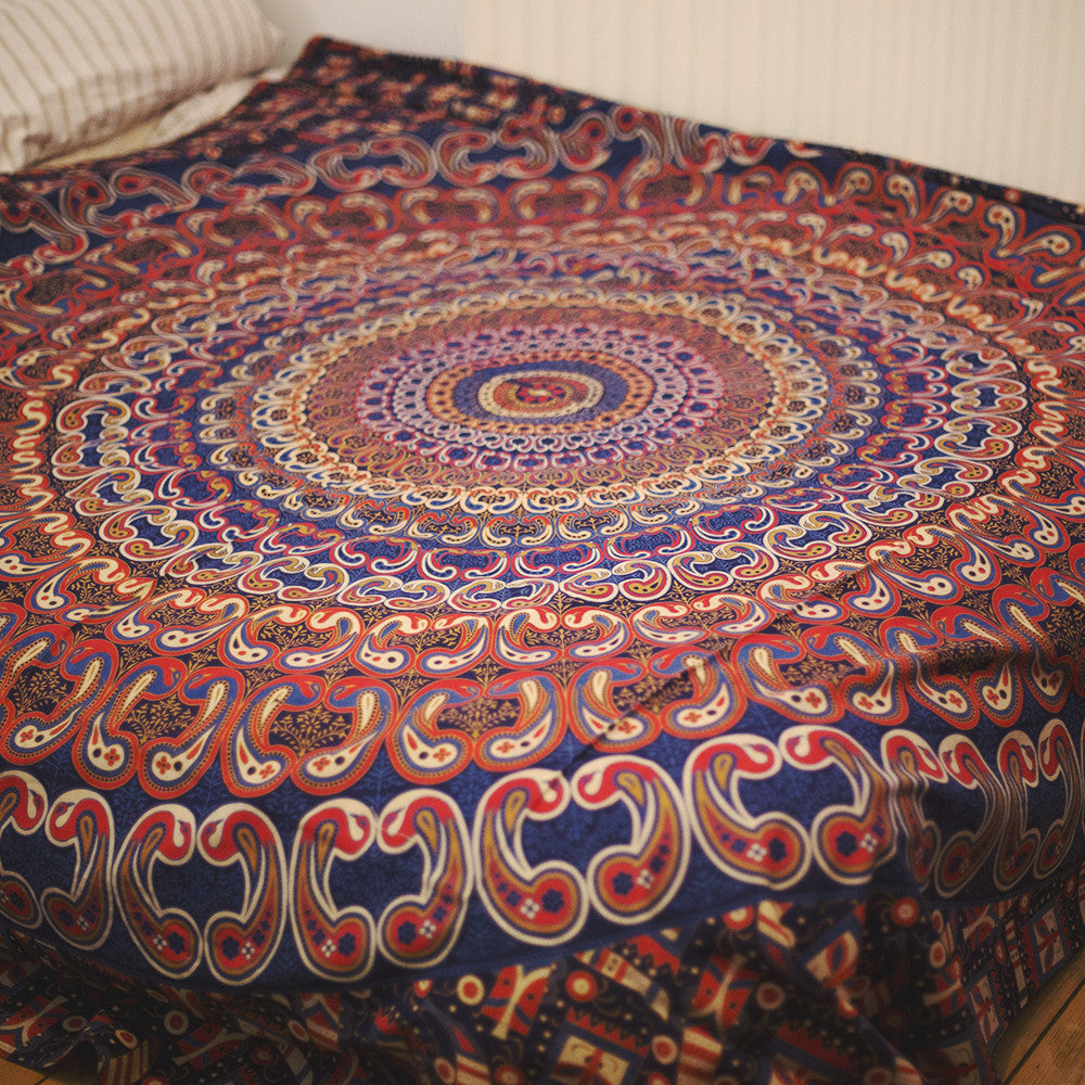 mandala double cotton screen printed throw peacock paisley blue orange red