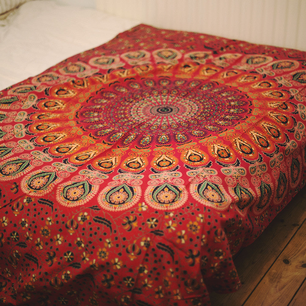 mandala single cotton screen printed throw red