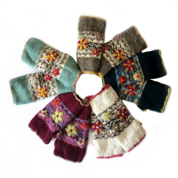 wool wrist warmers with flower embroidery - multiple colours