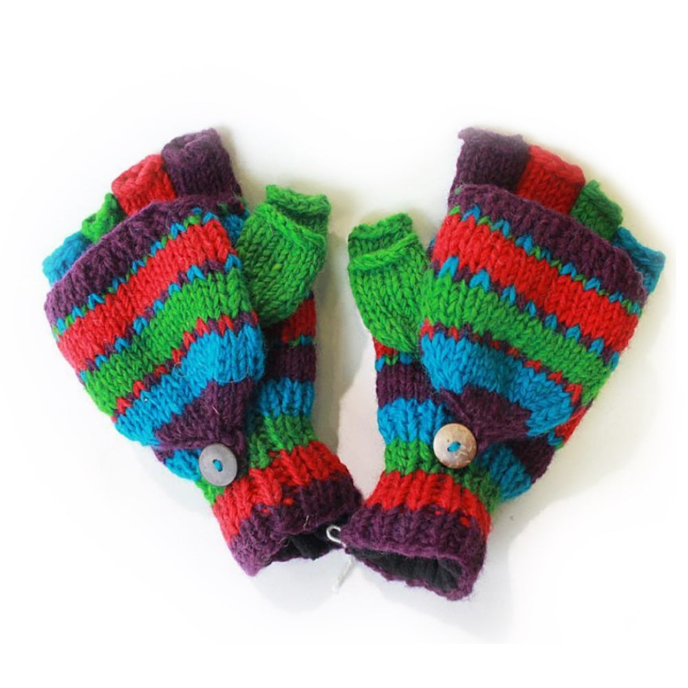 multi nordic stripe fingerless gloves with mitten flap