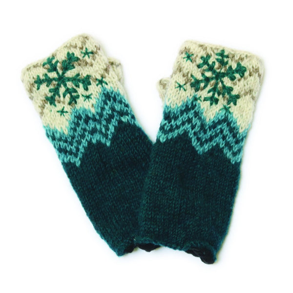 navy blue wool wristwarmers with snowflake embroidery