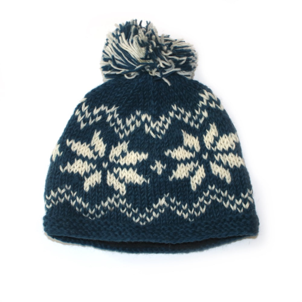 blue bobble hat with winter snowflake print