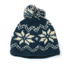 blue bobble hat with winter snowflake print