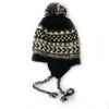winter stripe wool bobble hat with ear flaps in black knit