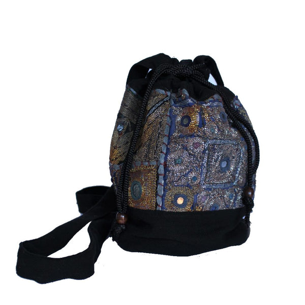 zari textile drawstring bag sourced from india, closed view