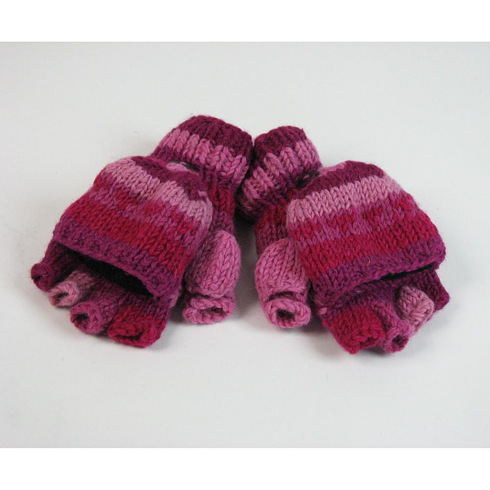 top view pink wool fingerless gloves with mitten flap