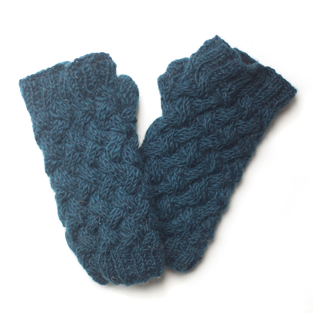 hand-knitted teal wool wrist warmers