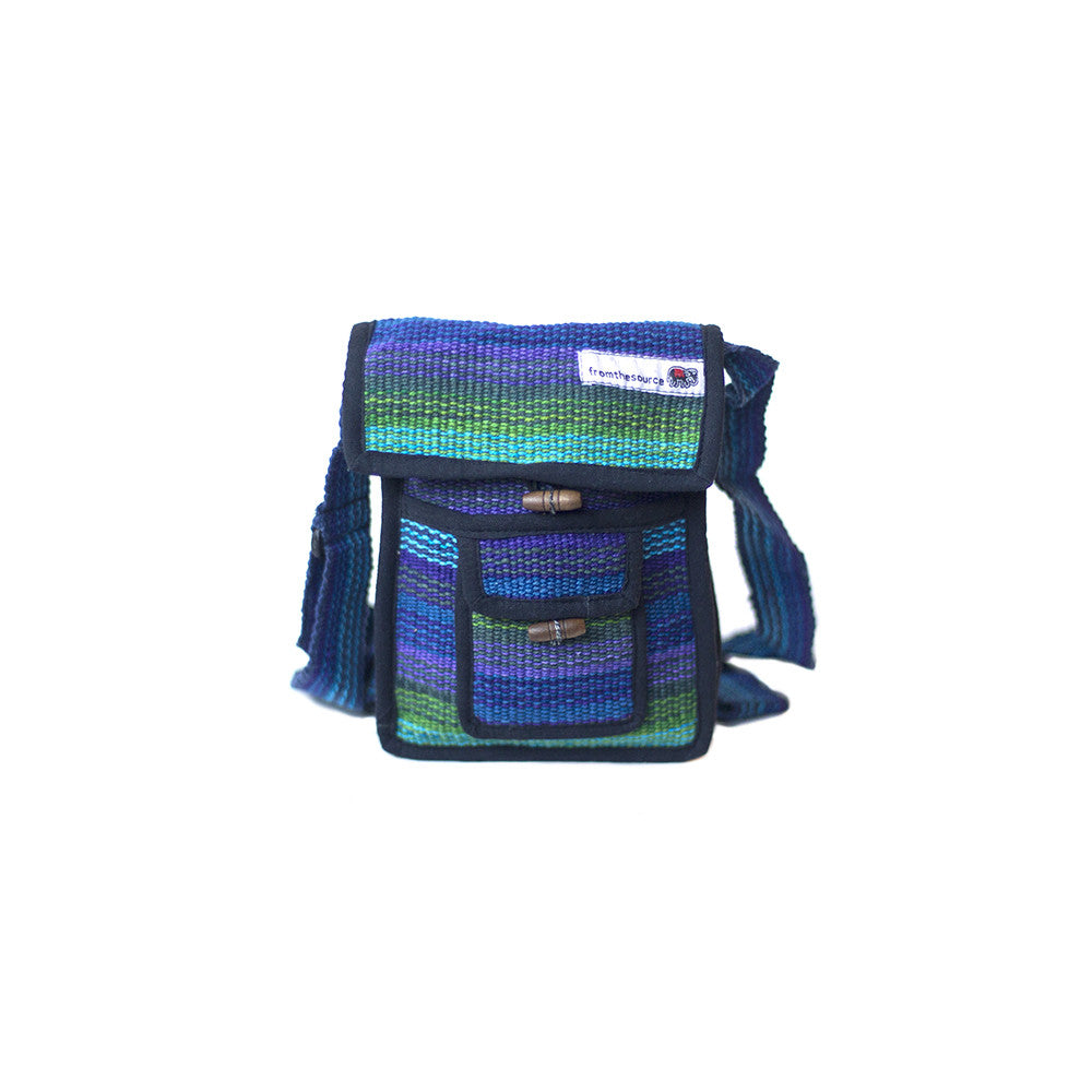 fair trade green purple colourful striped gehri cotton small shoulder bag from Nepal