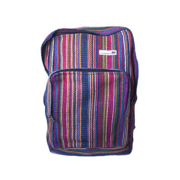 fair trade pink multi colourful striped gehri cotton square hippy rucksack from Nepal