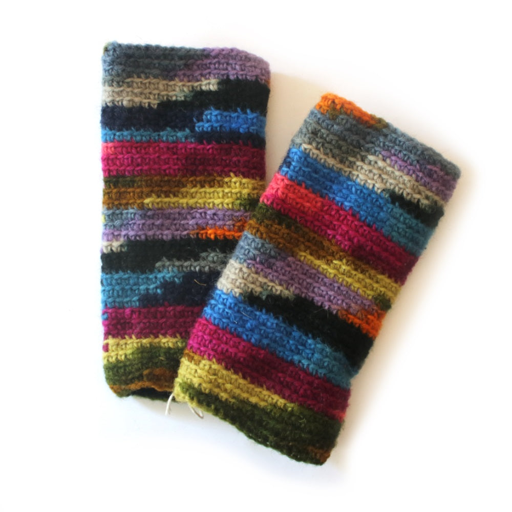 knitted wrist warmers in bright colourful tie dye print