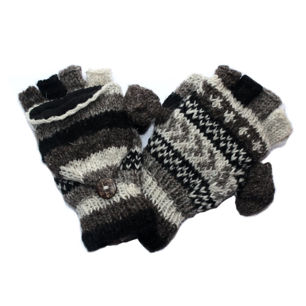 Winter Stripe Fingerless Gloves With Mitten Flap | Fairly Traded Black / White