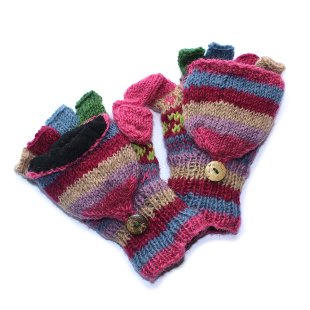 Winter Stripe Fingerless Gloves With Mitten Flap | Fairly Traded Pink