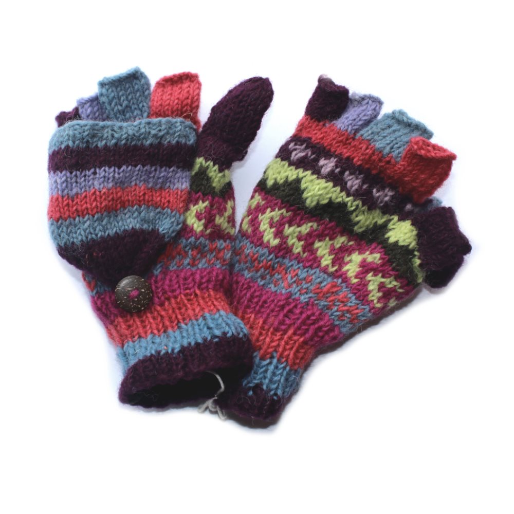 Winter Stripe Fingerless Gloves With Mitten Flap | Fairly Traded Purple