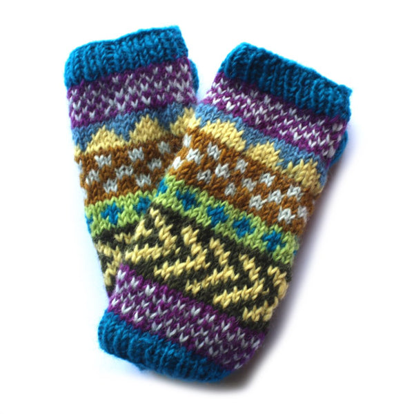 blue wool wrist warmers in winter stripe