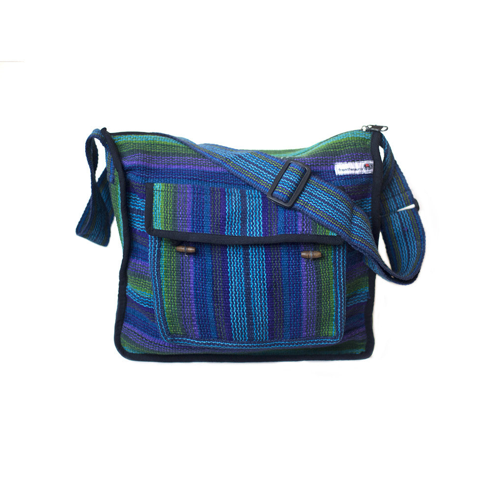 fair trade green purple striped gehri cotton zip top shoulder bag from Nepal
